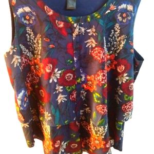 Ann Taylor Loft Floral Blue Tier Lightweight Cottage Sleeveless Blouse Top Siz L